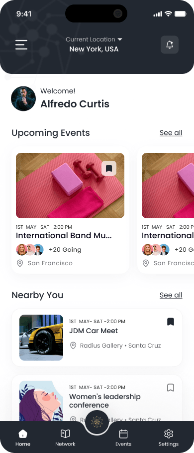 Droozi app home screen with upcoming events and nearby plans