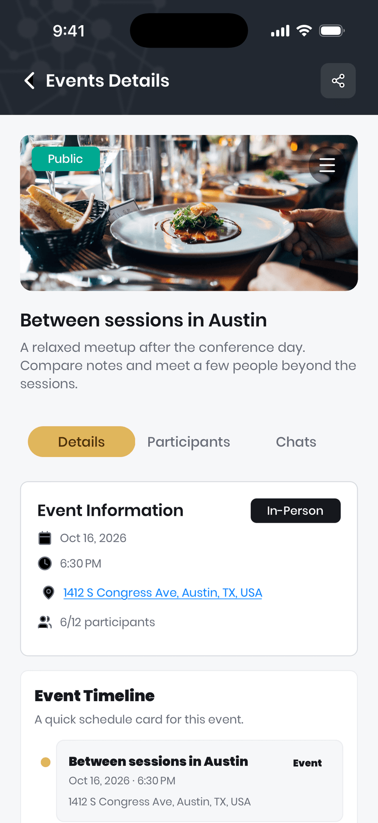 Droozi conference meetup details showing an Austin gathering, venue, and participants