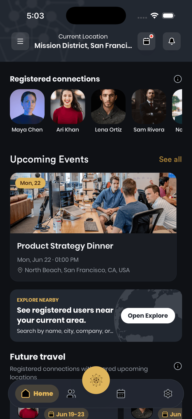 Droozi app home screen showing private future-plan overlap