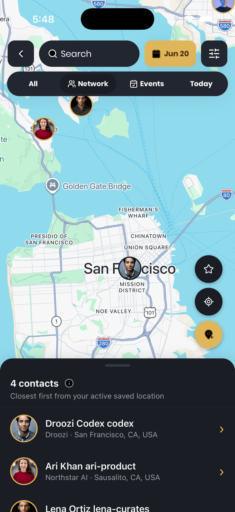 Droozi map showing contacts who plan to be in the same city