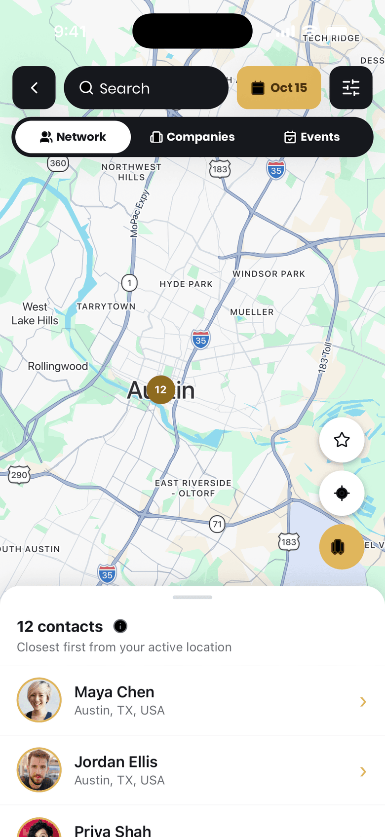 Droozi Network map showing twelve contacts around Austin