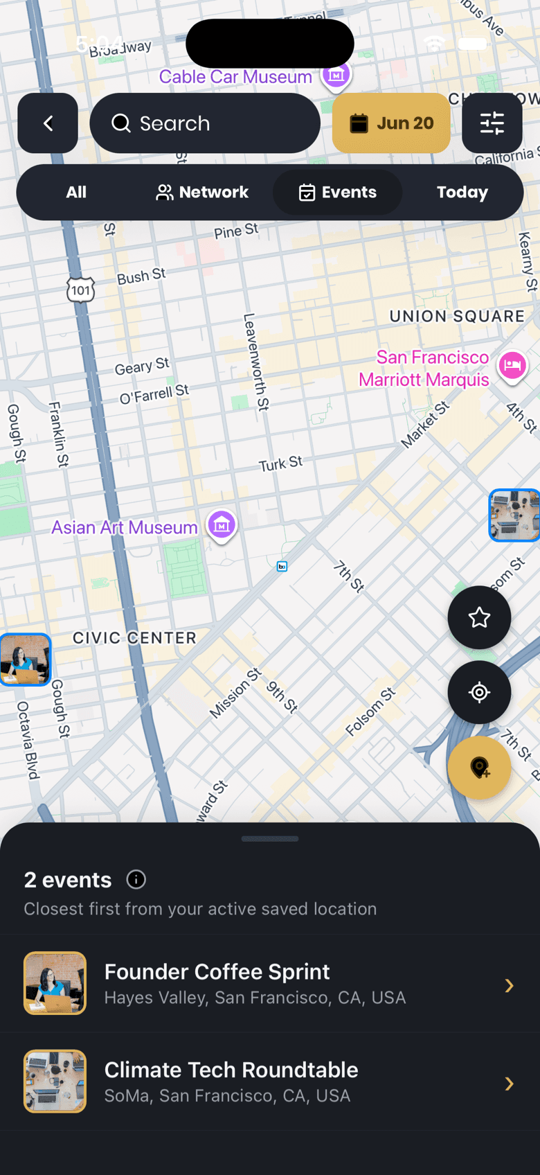 Droozi app map showing future event plans without live GPS sharing